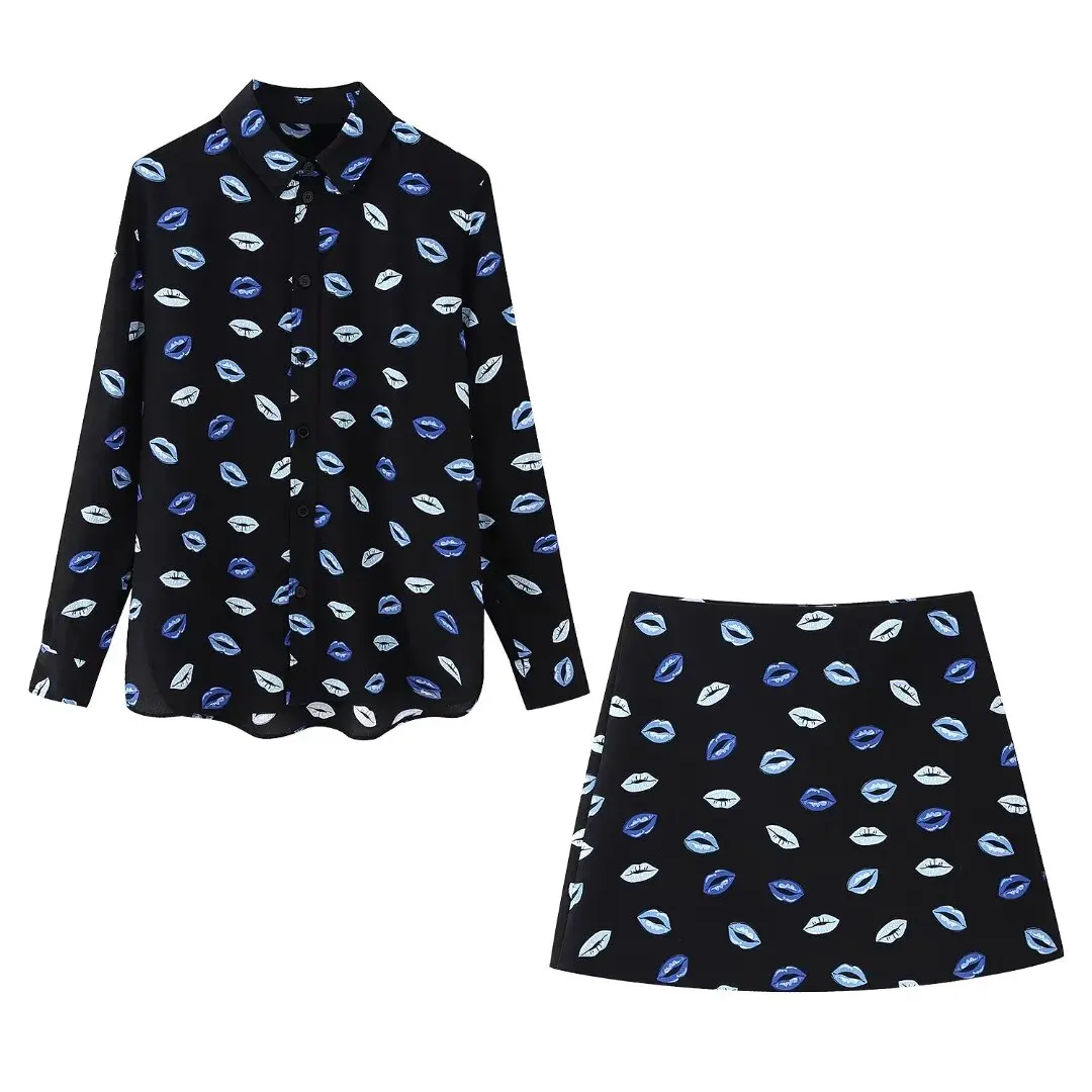 

Rindu TRAF 2024 Women's Lip Print Shirt and High Waisted Mini Skirt Two Piece Set Store skirt Party Korean Style Blouse Sets
