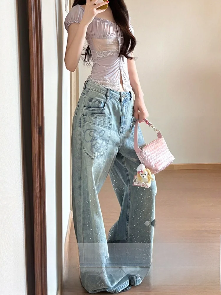 

Low Waist Wide Leg Diamond Embroidery Distressed Denim Pants Women's Loose Fit Floor Length Trousers Autumn Winter Style