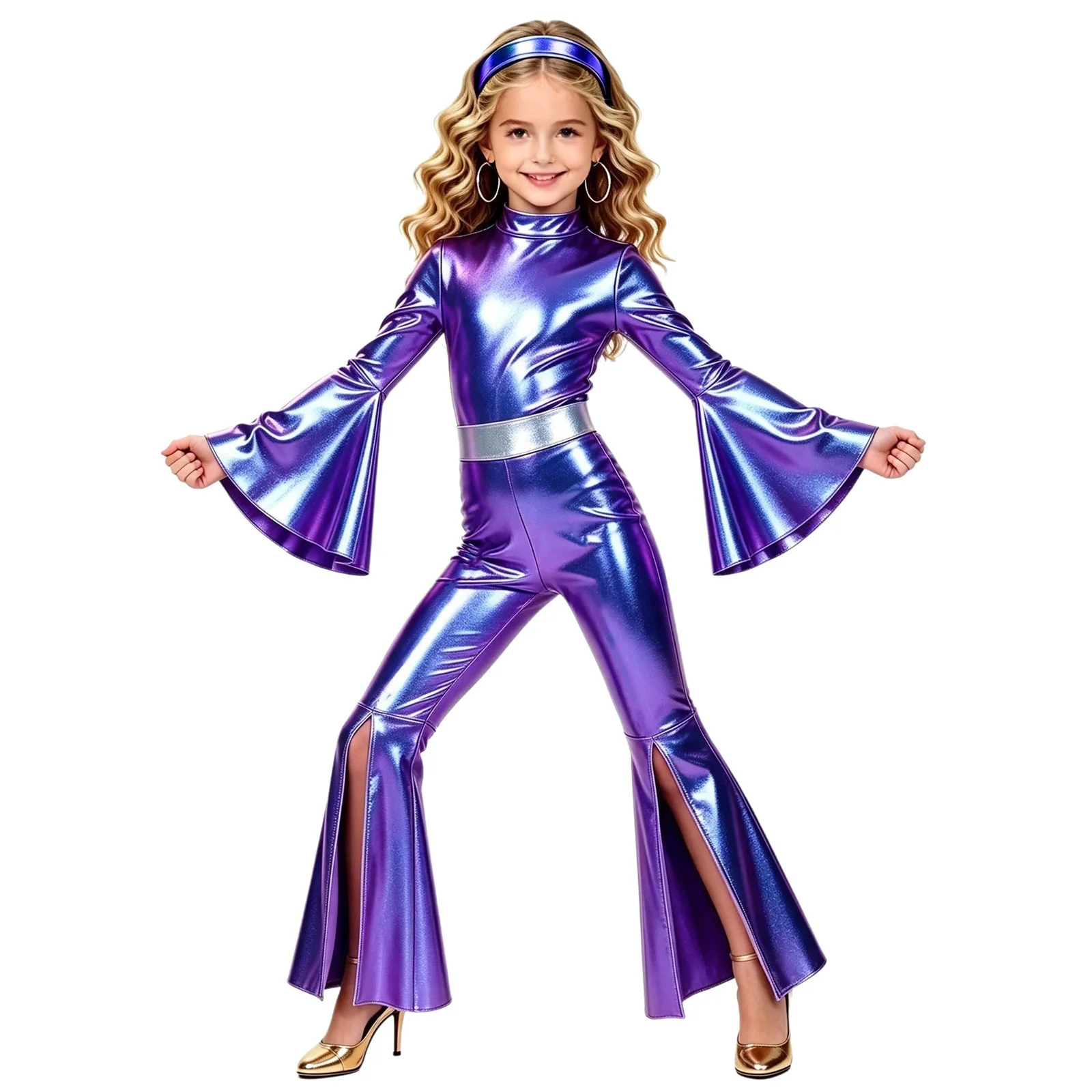 Kids Girls Disco Party Costume Split Bell-bottom Metallic Jumpsuit Jazz Dance Outfit Flared Zipper Bodysuit for Music Festival view 5