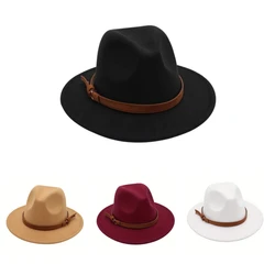 Flat Brim Wool Leather Ribbon Solid Fedoras Women Men Jazz Hat Spring Autumn Church Viking British Felt Hat Outdoor Casual Hat