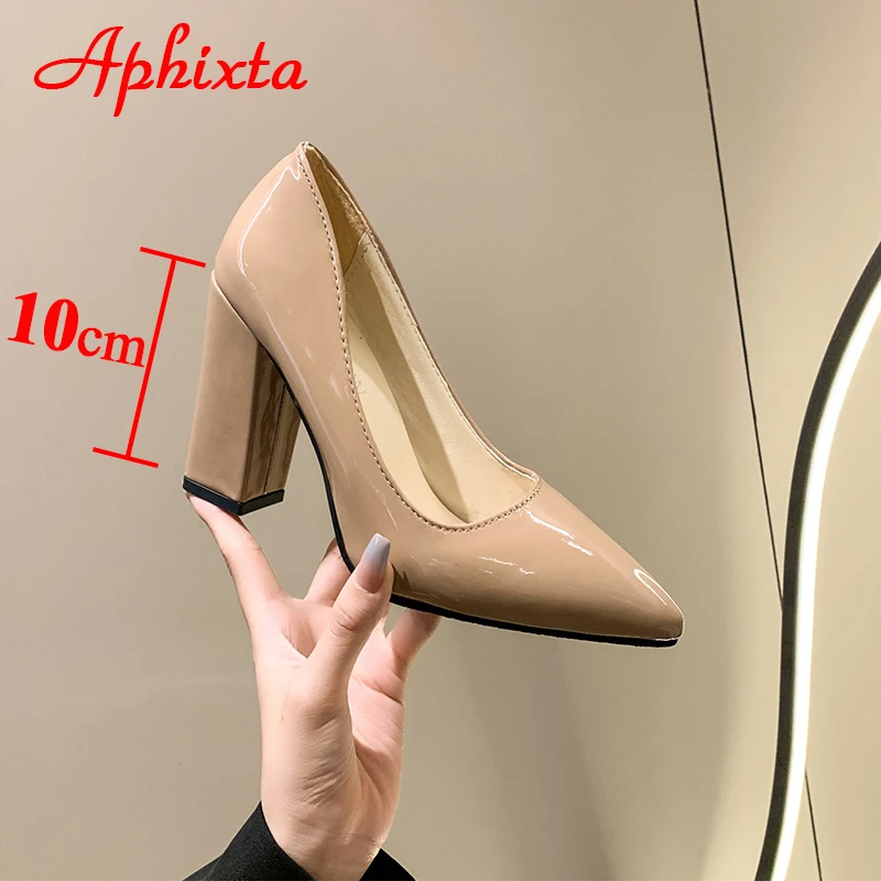 Aphixta 2023 New 10cm Square Heels Pumps Women Shoes Patent Leather Sexy Wedding Party Official Leisure Super Big Szie 31-50