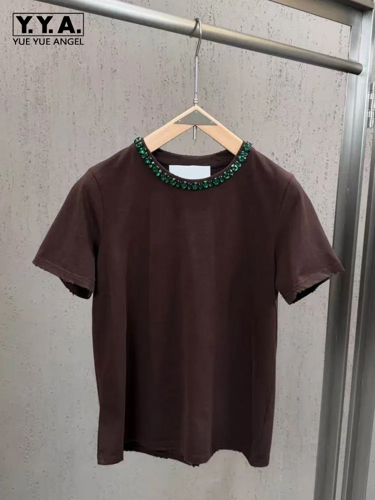 

Повседневные однотонные футболки-пуловеры для женщин с круглым вырезом, коротким рукавом, свободного кроя, с модным принтом в виде бриллиантов, летняя новинка, женская футболка в уличном стиле