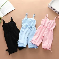 Children Girl Solid Color Suspender Jumpsuit with Pocket Cotton Romper Summer Daily Casual Clothing for Toddler Girl 1-6 Years