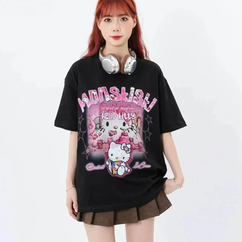 Sanrio Hello Kitty Cotton New Printed White T-shirt For Men Women Hip Hop Y 2k Korean Style Gothic Top Tee Trendy 2000s Clothes