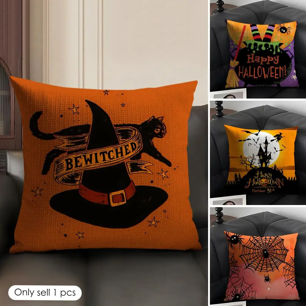 Scary Halloween Bat Pumpkin Cushion Cover Breathable Linen Organic Fabric Double-Sided Printing Sofa Pillow Case Home Decor