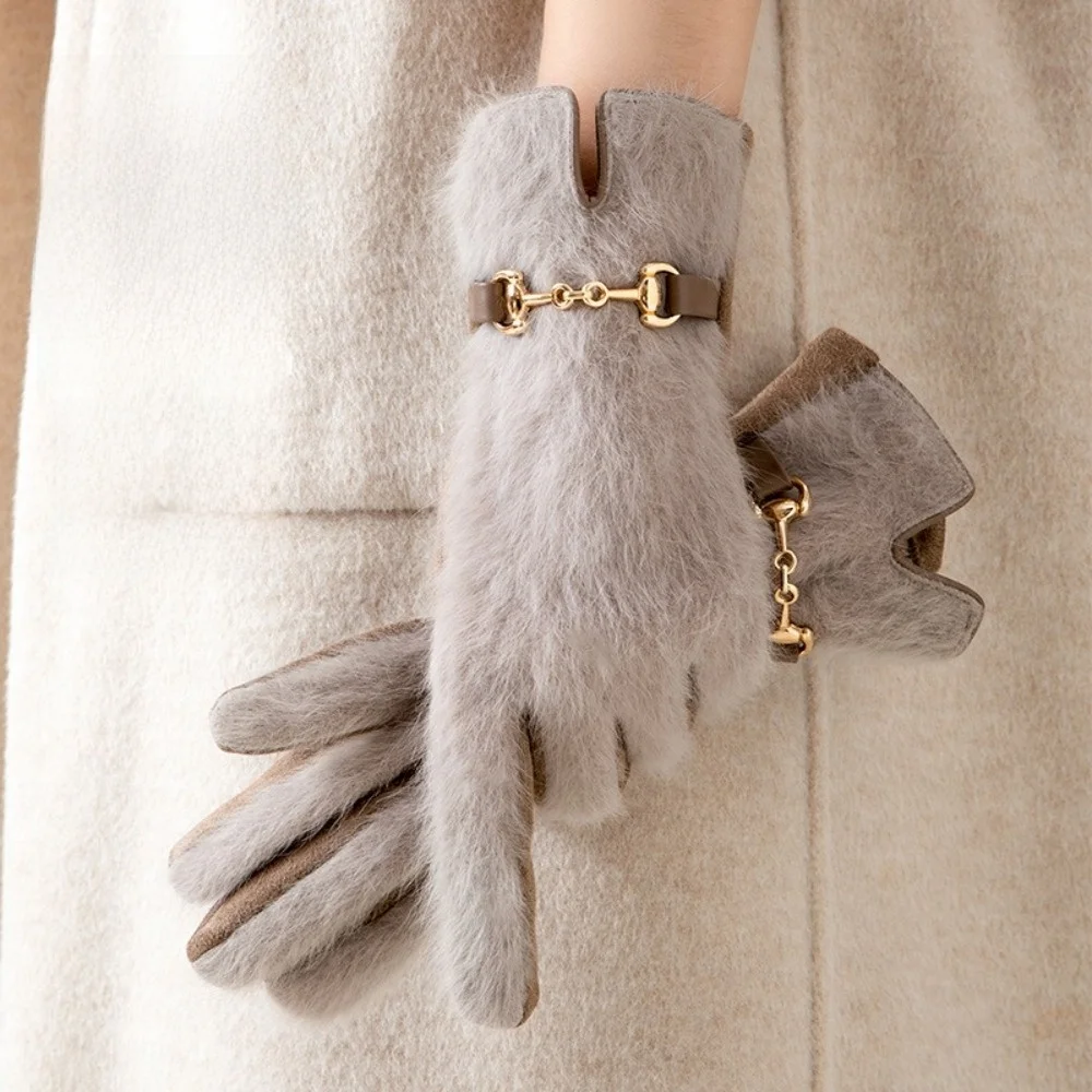 Fashion Rabbit Fur Winter Warm Gloves Cold-Proof Thickened Windproof Gloves Solid Color Riding Gloves Outdoor Sports Activities