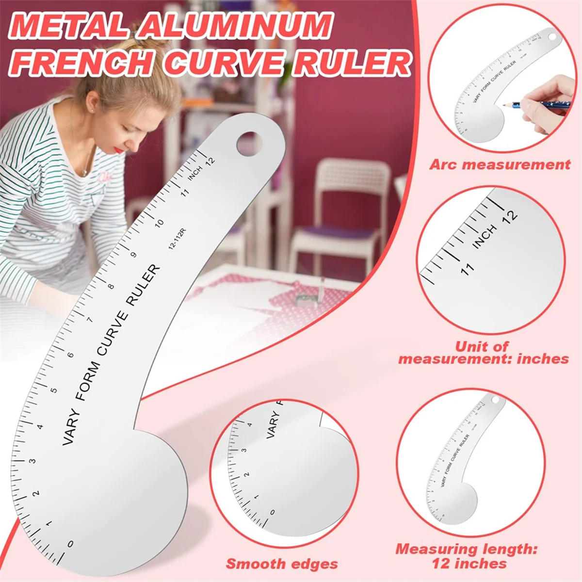 Vary Form Curve Ruler 12Inch Solid Metal French Curve Hip Curve Ruler for Measuring Sewing Design Making