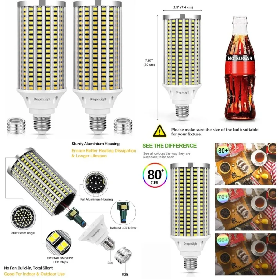 60W Super Bright LED Corn Light Bulbs 200 Watt Metal Halide/HID/HPS Replacement - E26/E39 Base LED Lamp - 3000K Warm White 7, 2