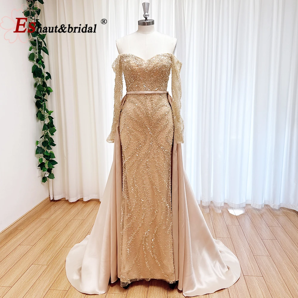 Vestido de noche elegante de satén para mujer con tren desmontable perlas mangas largas sirena vestido de fiesta de graduación personalizado 2025 boda