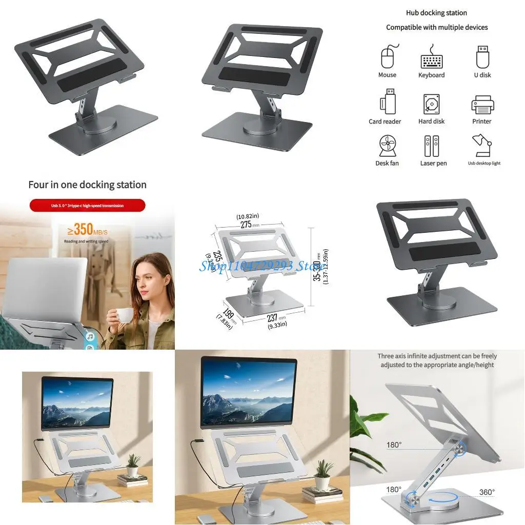 Y2GD Foldable Laptop Stand Aluminum Construction 360 Degree Rotation Built In Expansion Dock Support