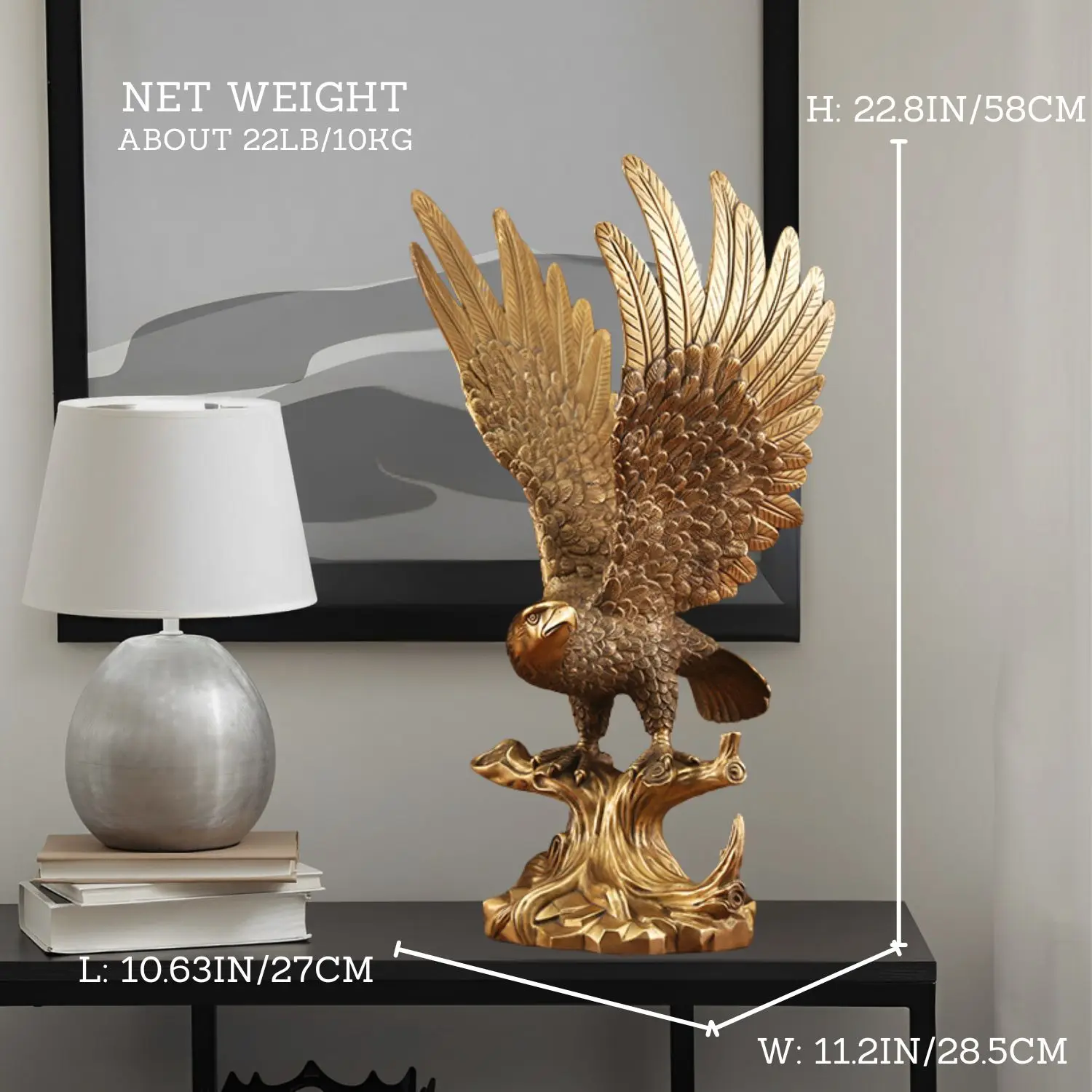 22.8IN/58CM Golden Eagle Bronze Statue, Majestic Sculpture for Executive Office Decor Gift for Collectors