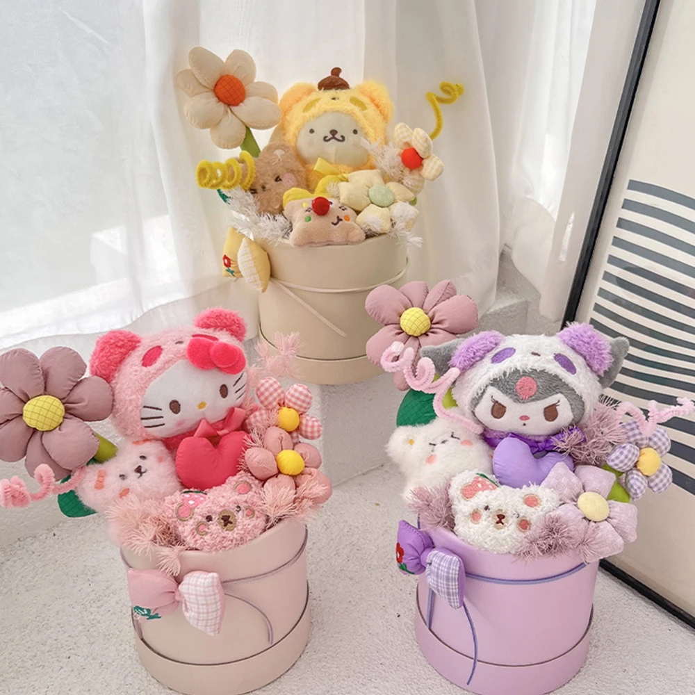 อะนิเมะ Sanrios Hello Kitty Kuromi กระบอกตุ๊กตา Plush Bouquet พร้อม Light Kawaii Cinnamoroll ตุ๊กตาน่ารักเทศกาลแฟนของขวัญ