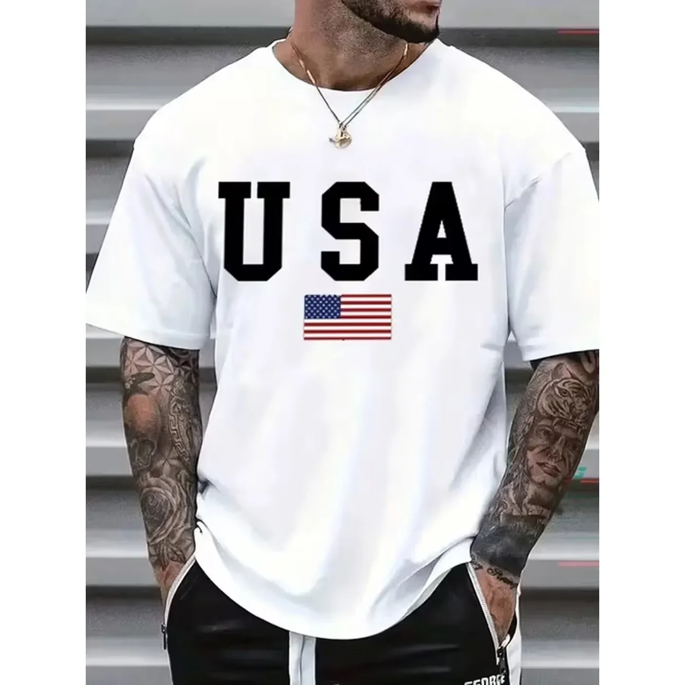 Usa Mens Tshirt Comfortable Crew Neck Casual Cotton Soft Breathable Top Menswear Tshirt Streetwear Cotton Fabric Trendy Letter Print