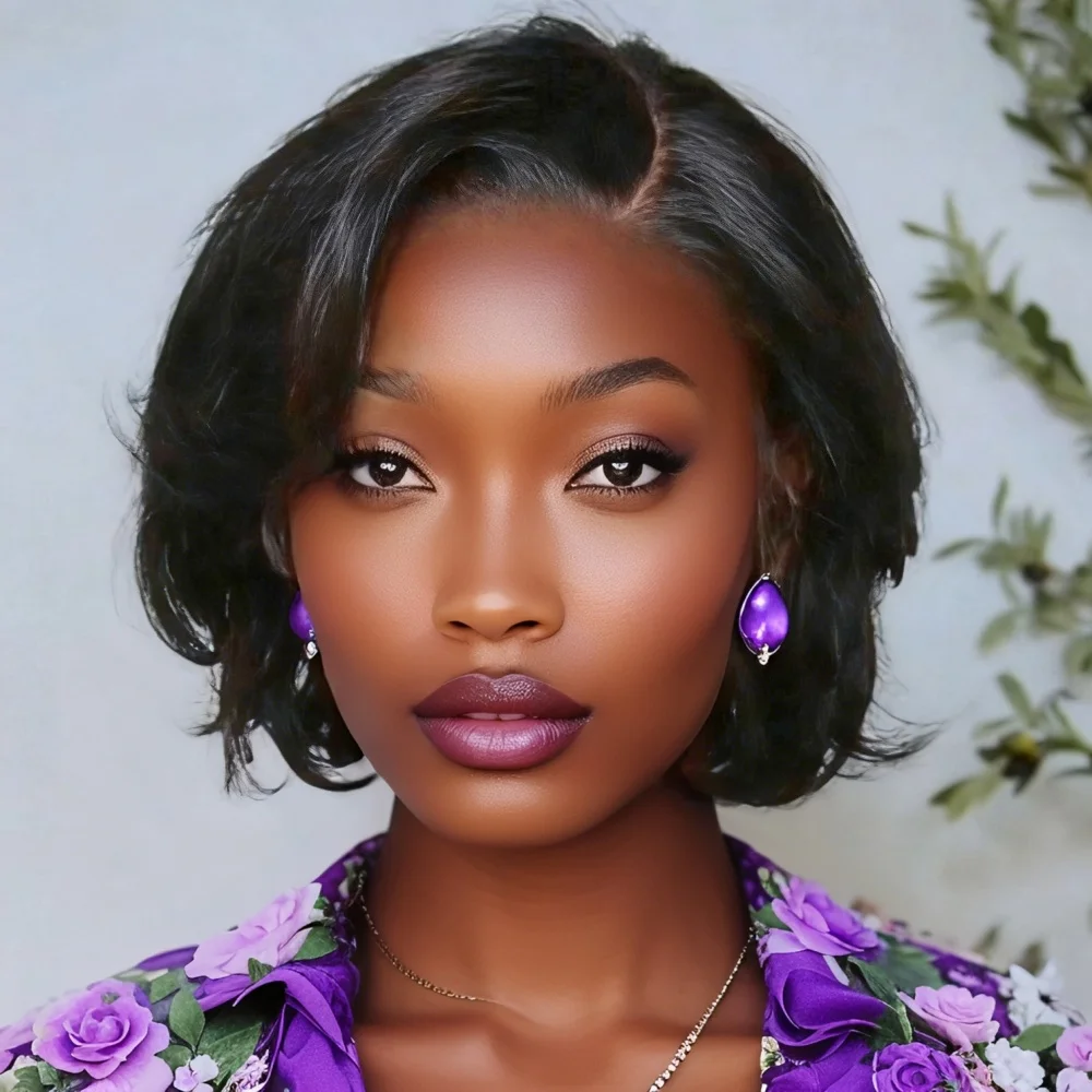 วิกผมตรงแบบผูกเชือกด้านหน้าสำหรับผู้หญิง วิกผมบ๊อบสั้น วิกผมแท้ ถอนขนแล้ว วิกผมทรงพิกซี่คัท วิกผมลูกไม้ 13x4 พร้อมผมเบบี้แฮร์ ความหนาแน่น 180%