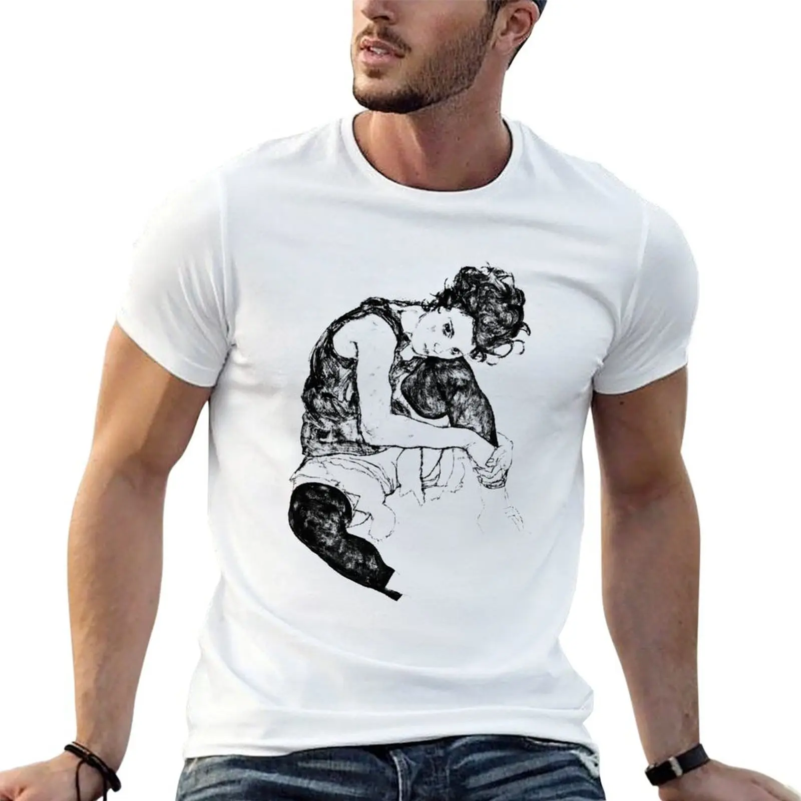 

Egon Schiele, Woman Sitting Crossed Legs, (Sitting woman with raised knee), 1917 T-Shirt man t shirts graphic T-Shirt