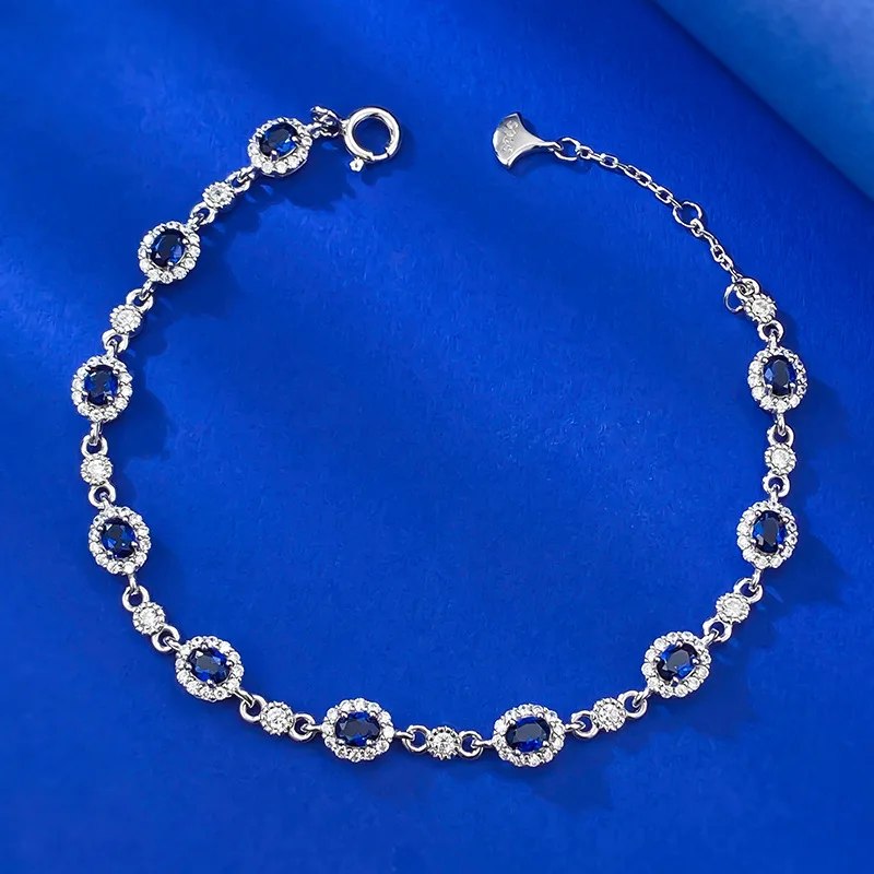 New S925 Silver Sapphire 3 * 4 Oval Row Diamond Bracelet Women's Chinese Style Adjustable