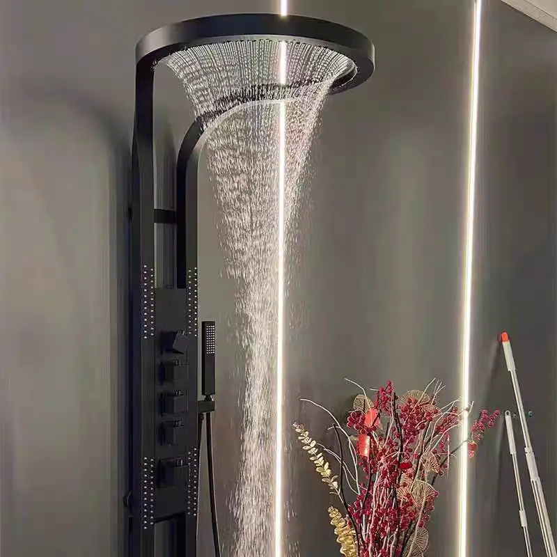 Black Multifunction Bathroom Waterfall Rainfall Shower Panel Column Sprinkler Massage Set System Stainless steel