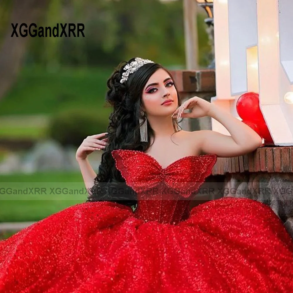 Personalizado borboleta vermelha quinceanera vestidos 2025 brilhante miçangas vestido de baile doce 16 vestido princesa vestidos de 15 quinceañera