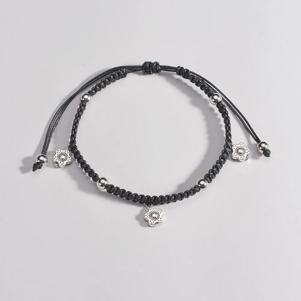 Fashion Simple Black Braided Wax Cord Silver Color Carved Flower Pendant Adjustable Anklets for Women Island Trips Jewelry Gift