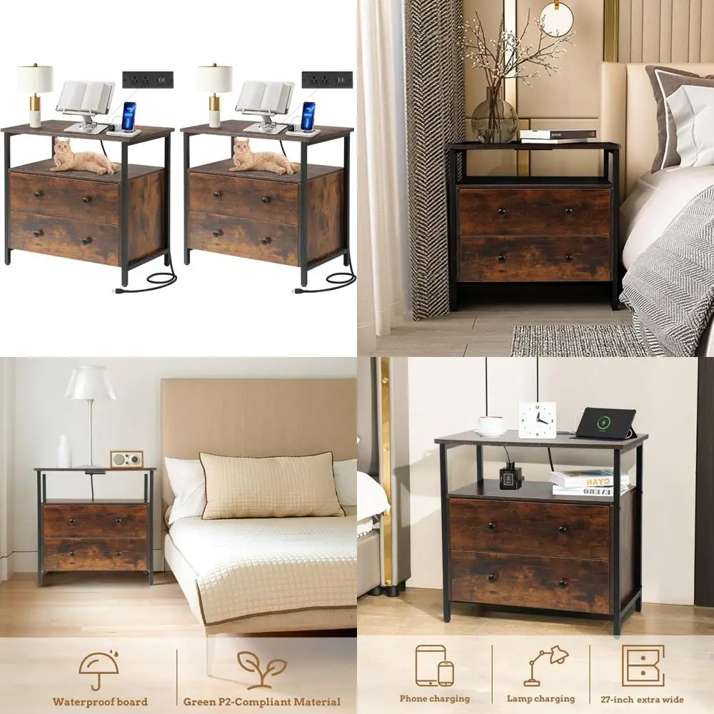 Charging Station Nightstand 27 Wide, 2 Drawer Wood Bedside Table with Open Shelf, Small Dresser for Bedroom, End Side Table for