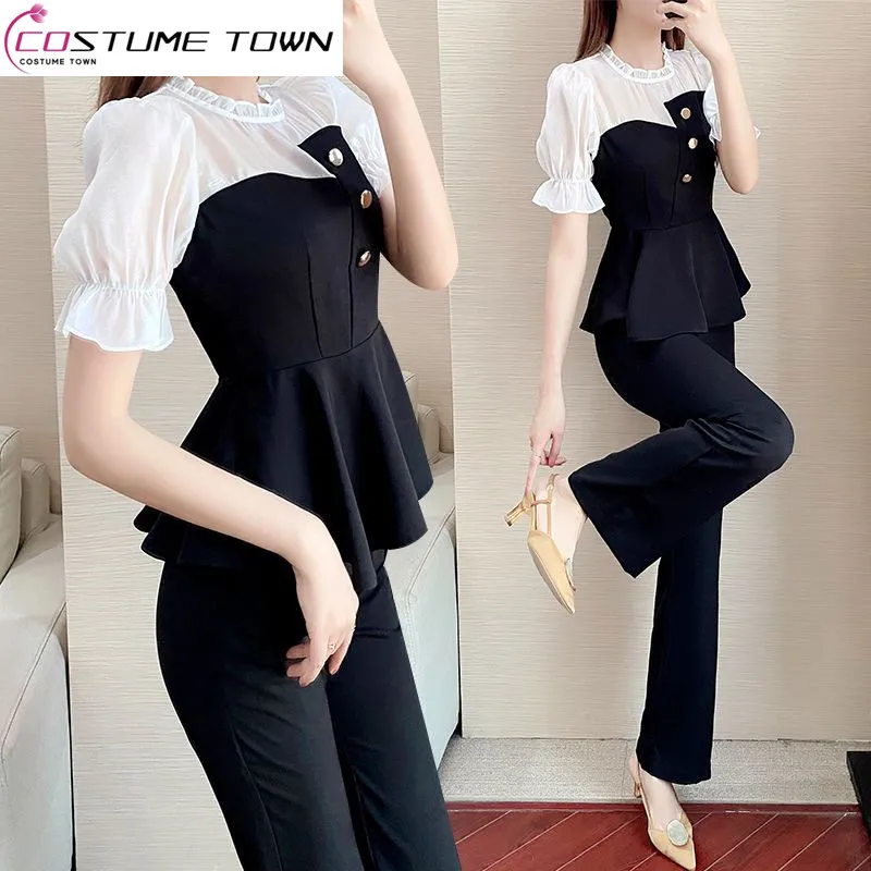 Summer Patchwork Short-sleeved Chiffon Shirt Blouse Casual Pants Two-piece Elegant Women\'s Pants Suit Street Sports Outfits