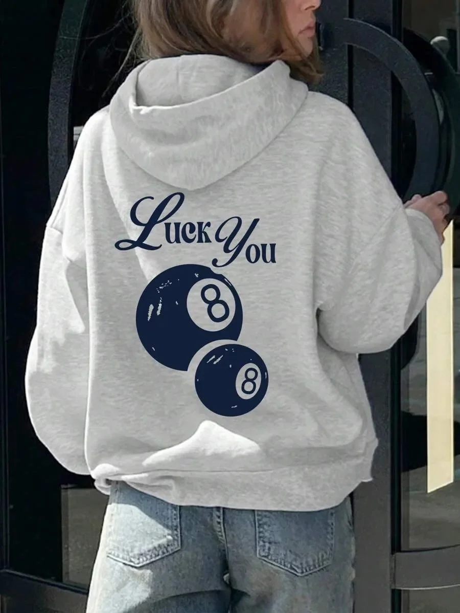

Fashion - Forward Cotton Hoodie Showcasing Luck - Themed Quote and 8 - Ball Motif Catchy "Luck You" and Cool Billiard Balls Imag