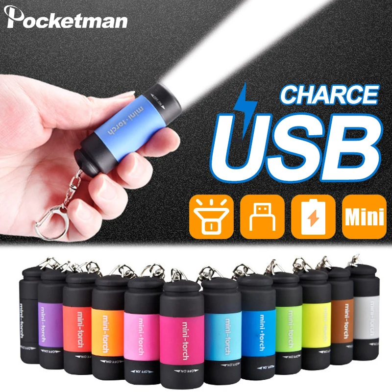 

Mini LED Keychain Flashlight USB Charging Pocket Torch Rotary Switch Waterproof Flashlights Outdoor Camping Hiking Bright Light