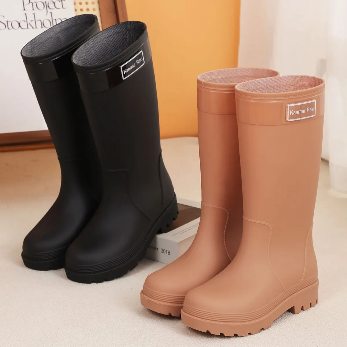 

Модные женские резиновые сапоги до середины икры для работы и активного отдыха, всесезонные, универсальные, утолщенные, нескользящие