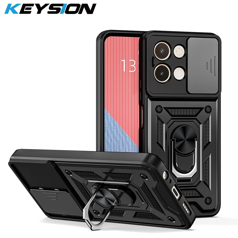 KEYSION Shockproof Armor Case for VIVO Y28 Slide Push Pull Camera Lens Protection Ring Stand Phone Back Cover for VIVO Y28 4G