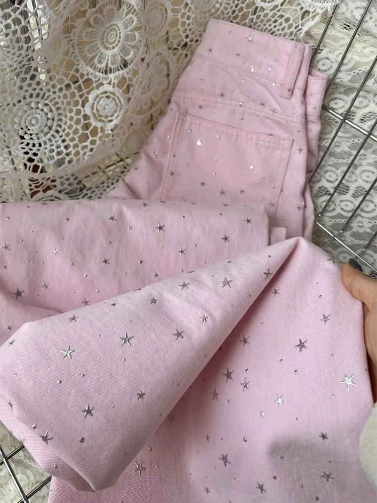 Pantalones vaqueros de pierna recta rosa con estampado de puntos redondos de estrella para mujer, pantalones vaqueros de pierna ancha de cintura alta de estilo fino y suelto de verano