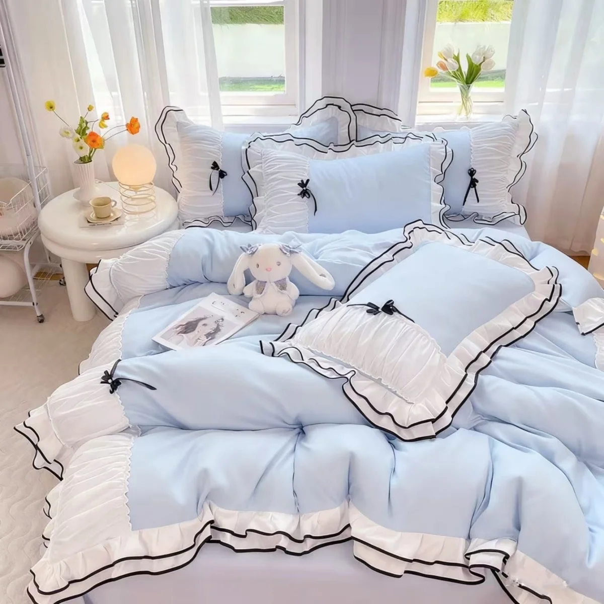 4pcs Blue Bow Duvet cover set (1*Duvet Cover + 2*Pillowcase+ 1flat sheet) Bedding Set, Soft Comfortable