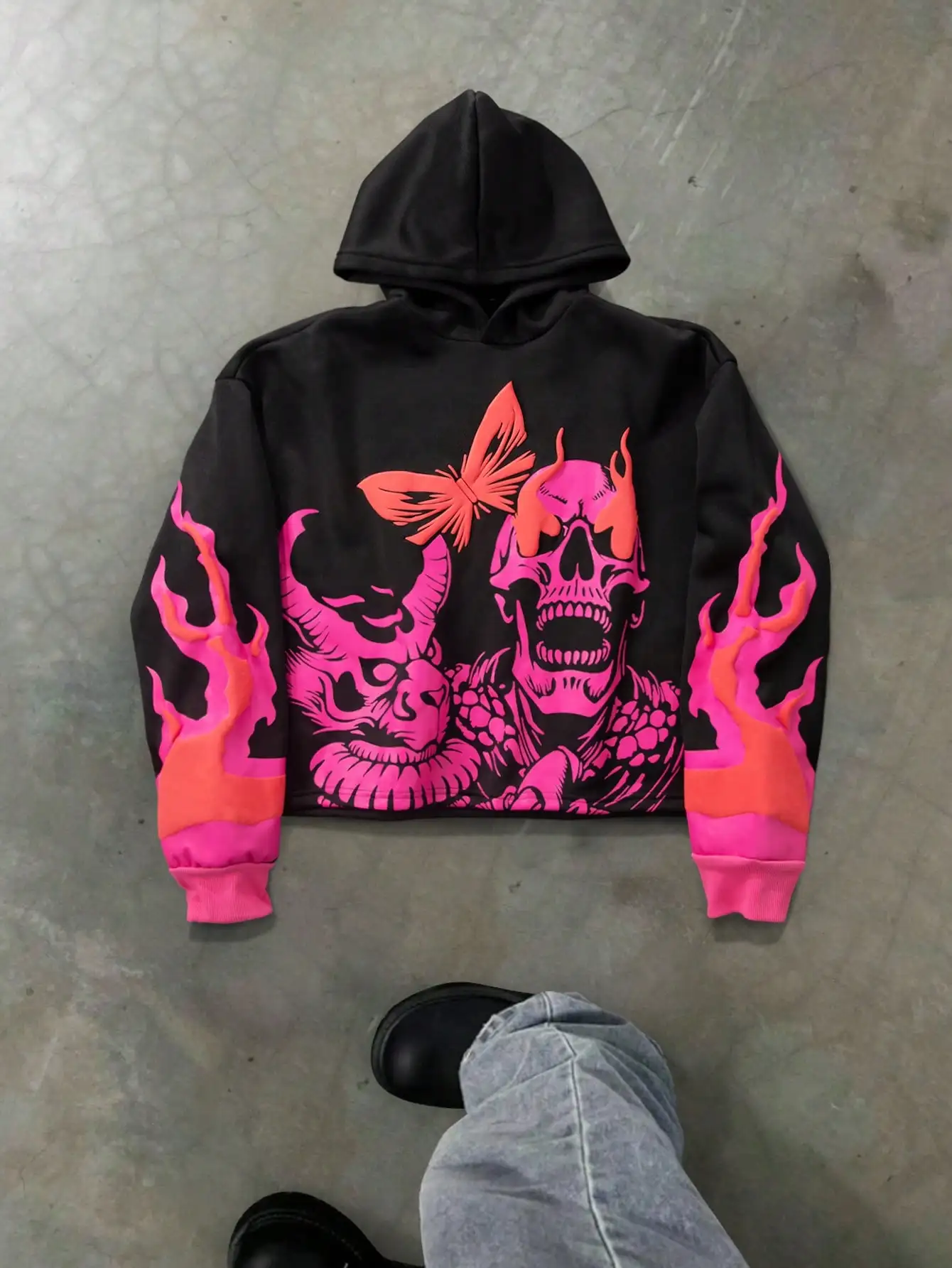 Autumn Men Street Style Pink Horror Skull Butterfly Pattern Trendy Black Hoodie Men Women Printed Pattern Pullover Sweatshirt