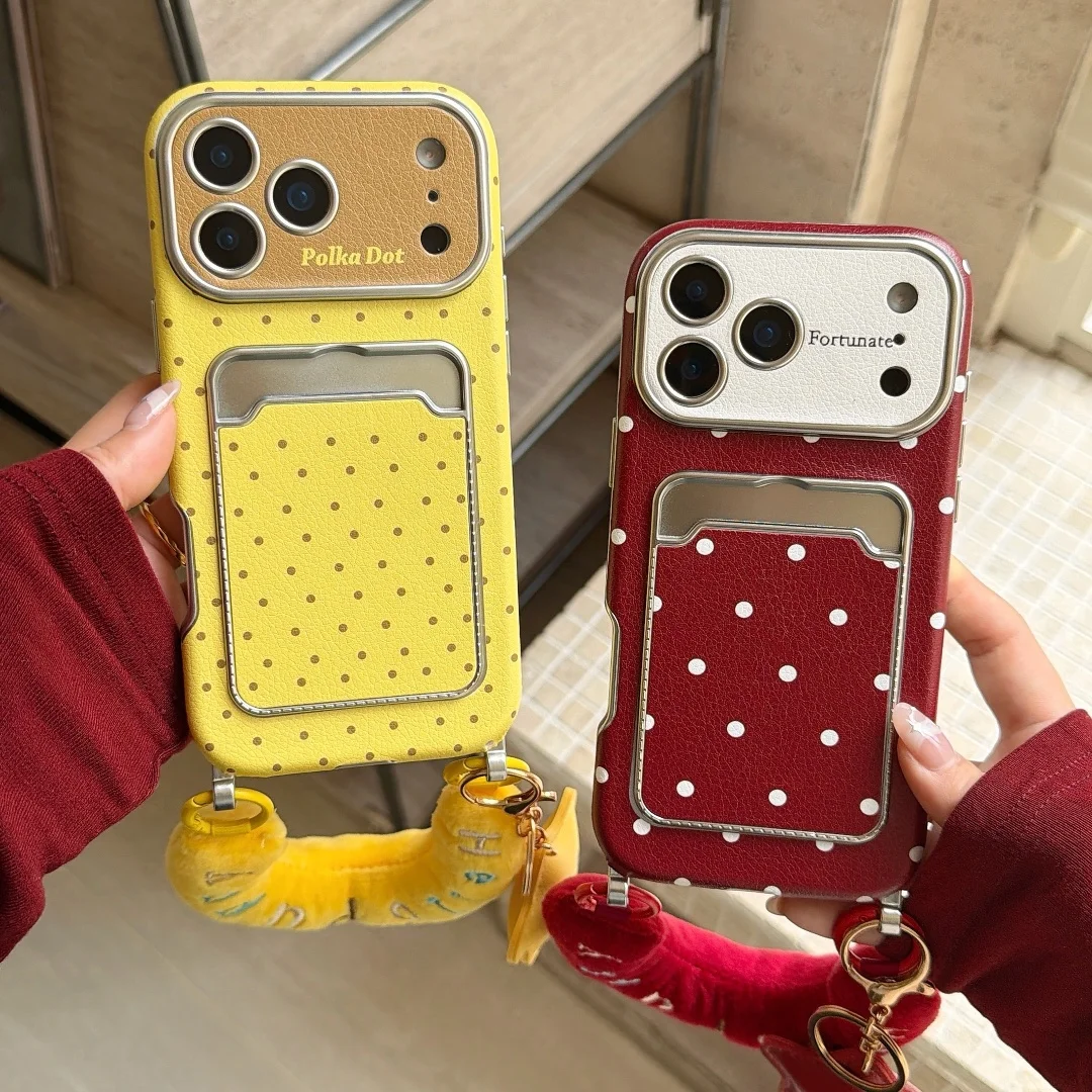 

INS niche fashion Wave point wallet card holder Phone Case For iPhone 17 16 15 14 13 Pro Max Crossbody lanyard backpack Cover﻿﻿