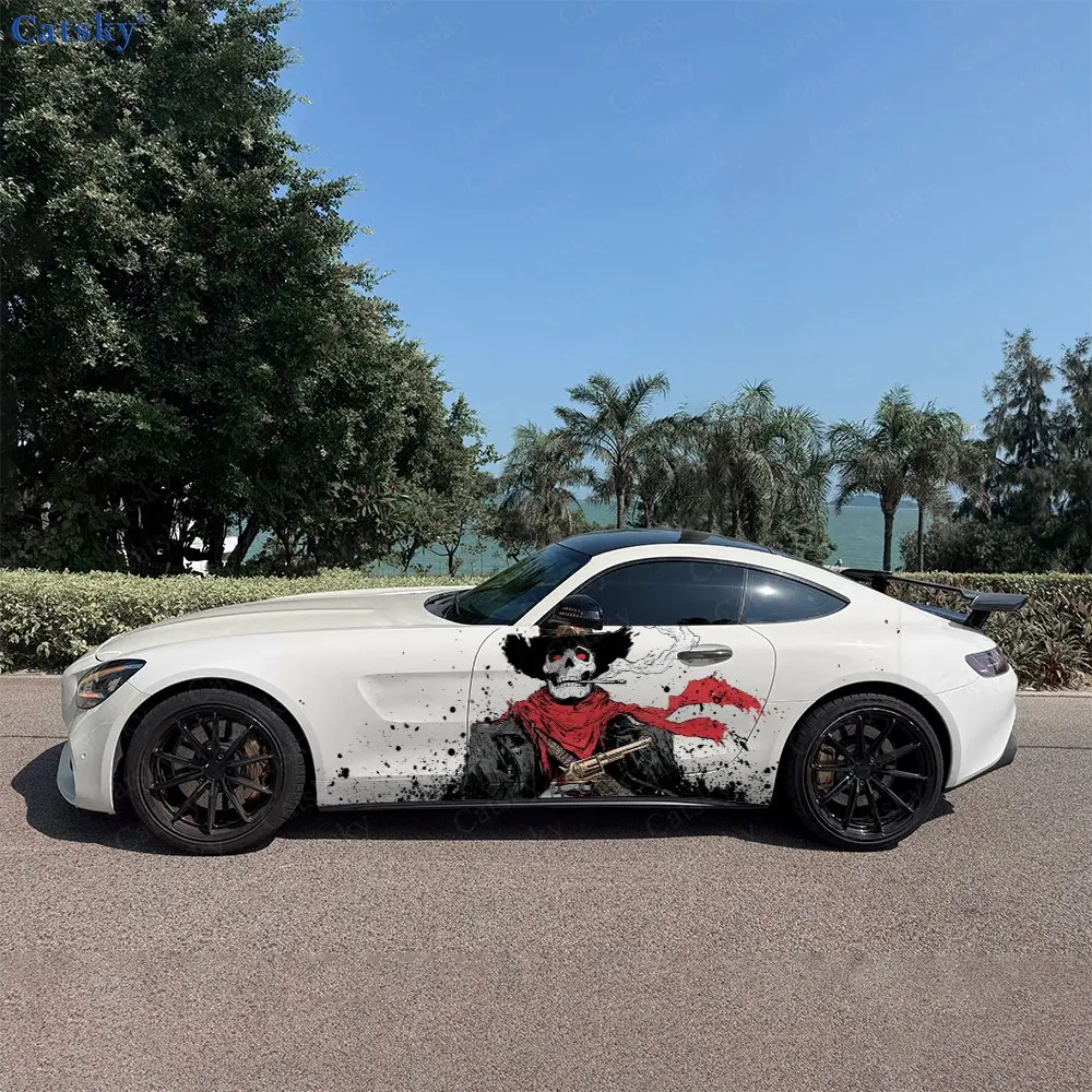 

2pcs Red Scarf Skeleton Gunslinger, Durable, Fade-resistant, Enhance Vehicle Aesthetics With Bold Artistic Design Car Vinyl Wrap