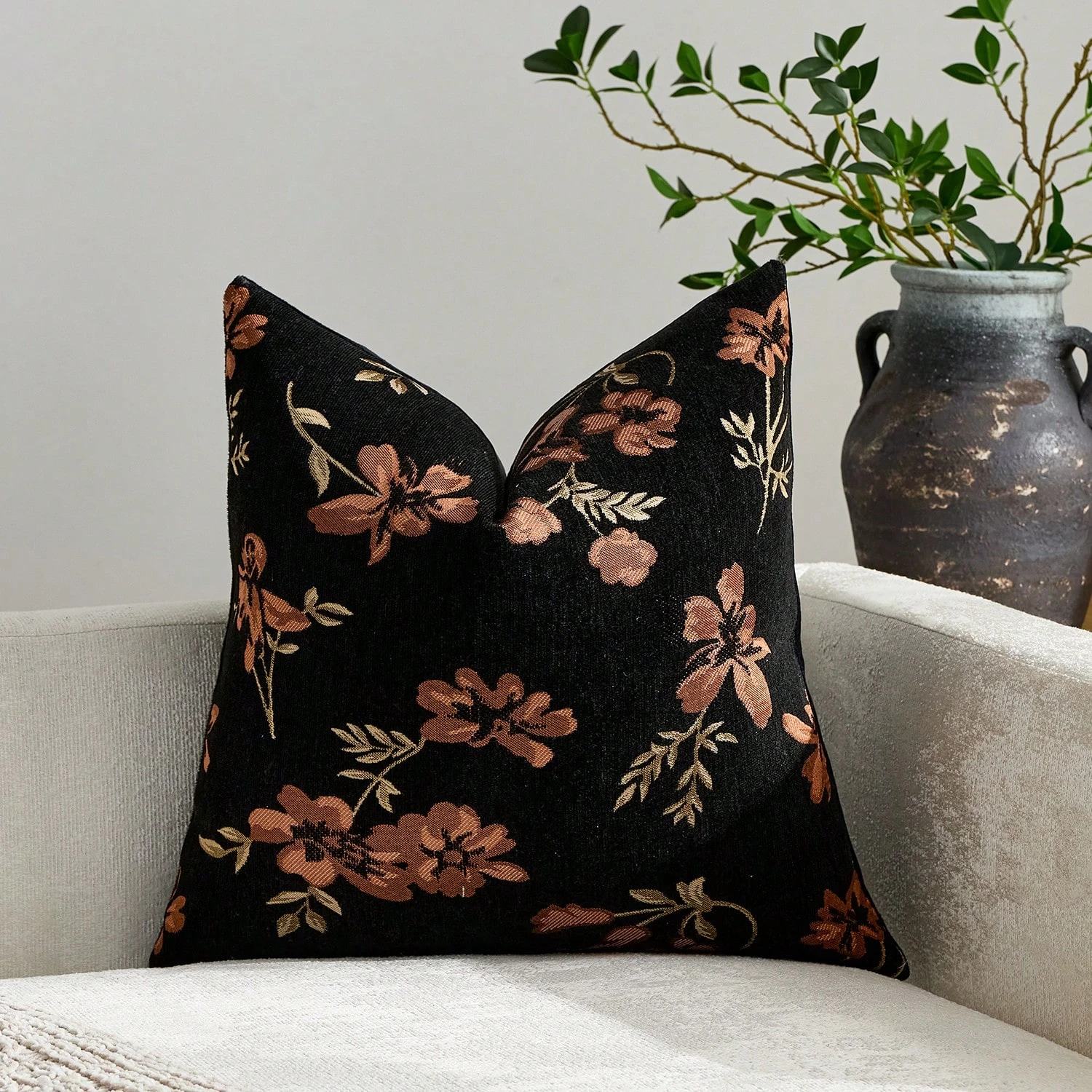 1pc Dark Tone Bronze Brown Floral Branch Textured Pillow Cover 2D Double-Side Print Polyester Cushion Case for Bedroom Living Ro