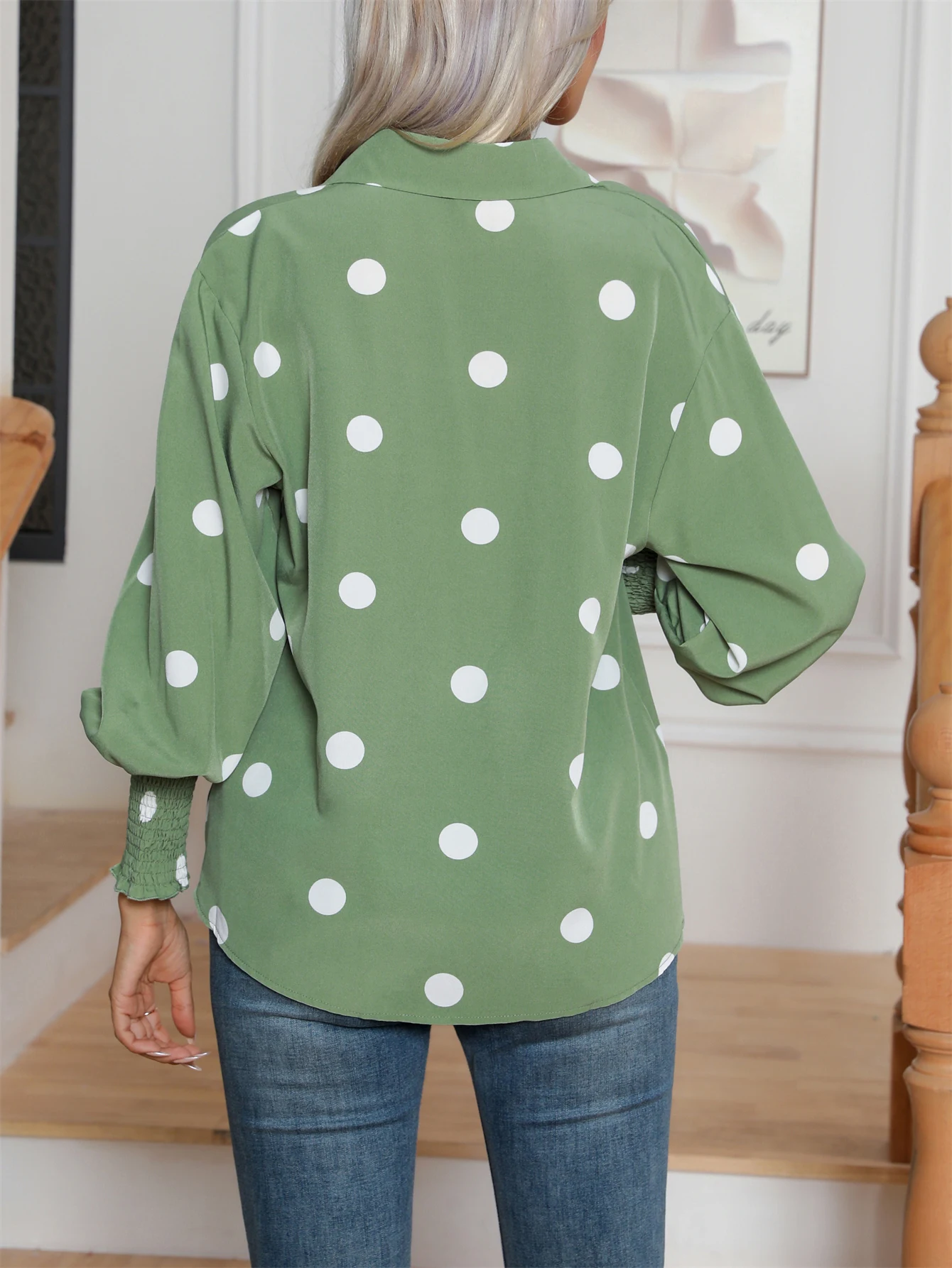 Casual Lapel Button Down Balloon Polka Dot Print  Lantern Sleeve Shirt, Women\'s Clothing