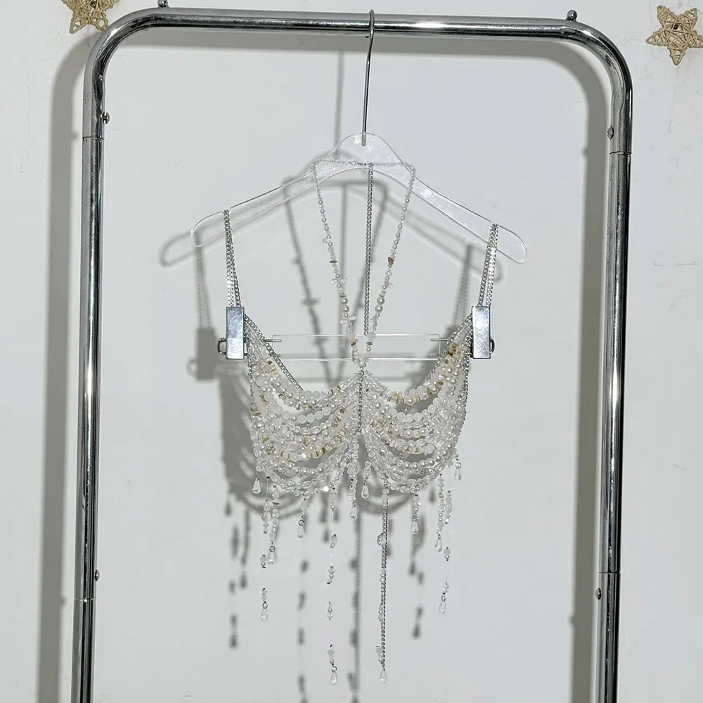 Heavy Industry White Beaded Body Chain Spicy Girl Versatile Loose Tassel Trendy Hanging Neck Beaded Chest Decoration