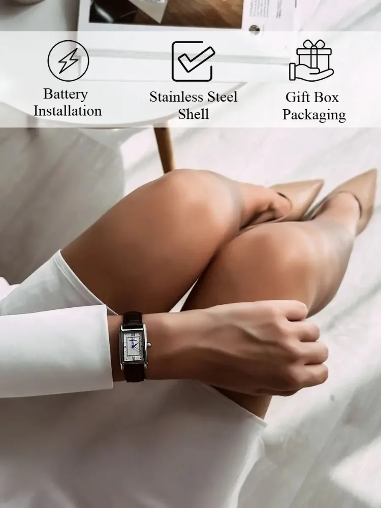 Vintage Women's Watches Luxury Brand Rectangle Small Silver Steel Elegant Quartz Watches Female Waterproof Ladies Watches Black