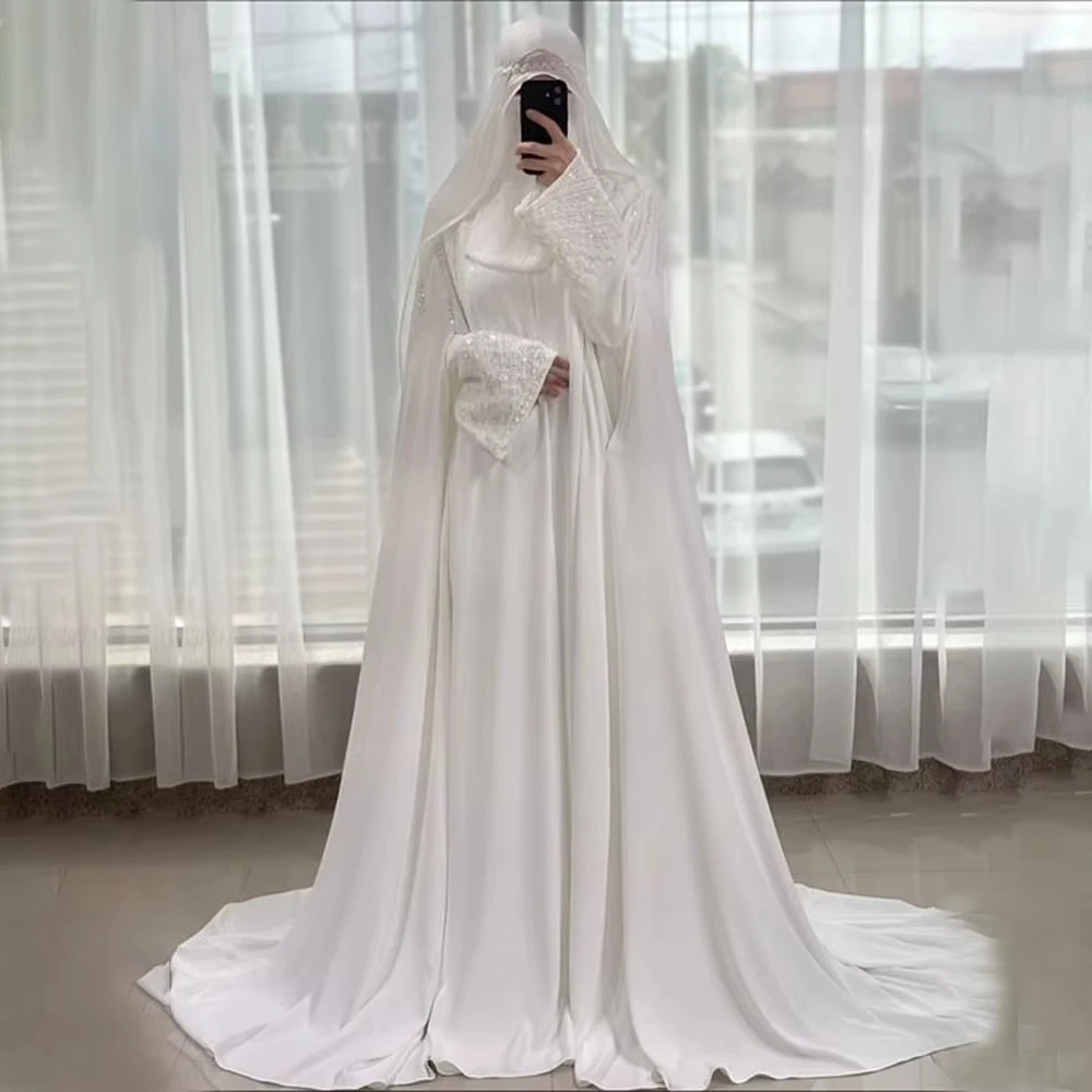 Muslim Weddings Dresses Hijab Long Sleeve High Neck Detachable Shawl Stain 2 in 1 Bride Dress Sequined Bridal Gown Customized