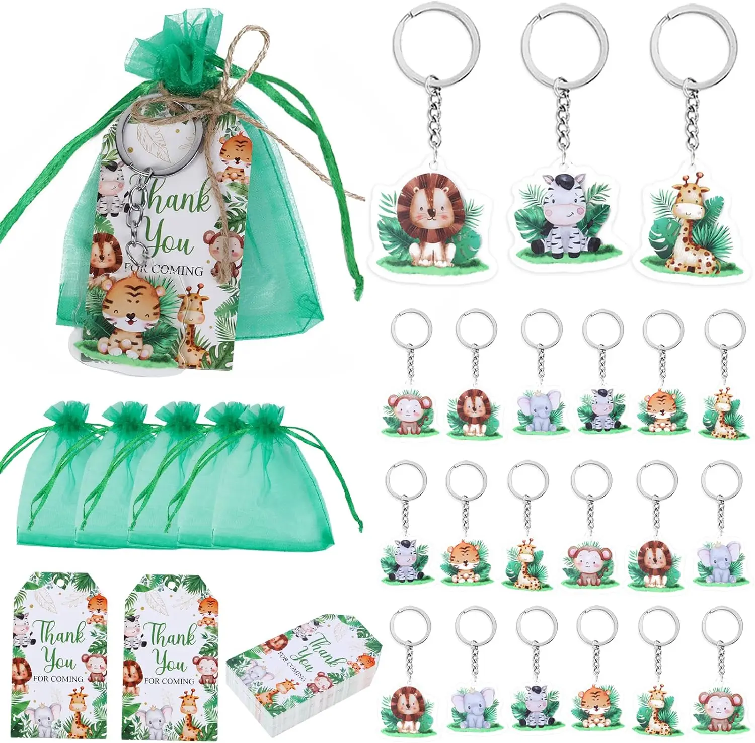 

Safari Baby Shower Party Decor Keychain Party Favors Jungle Safari Thank you Gift Tags Organza Bags for Wild Two Birthday Party