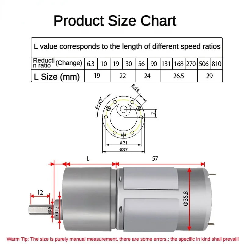 JGB37-555 Micro DC High Torque Reduction Motor, Low Speed Forward and Reverse Adjustable Speed Motor 12V 24V