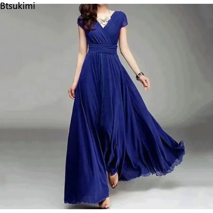 2025 Women\'s V Neck Short Sleeve Evening Party Dress Temperament Solid Colour Long Cocktail Chiffon High Waist Summer Dresses