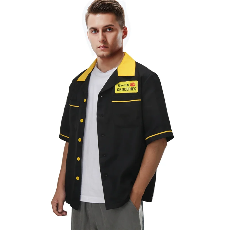 

Clerks III Halloween Cosplay Dante Randal T-shirt Quick Stop GROCERIESF Men's Short Sleeve Tops Button Casual Tees with Pocket