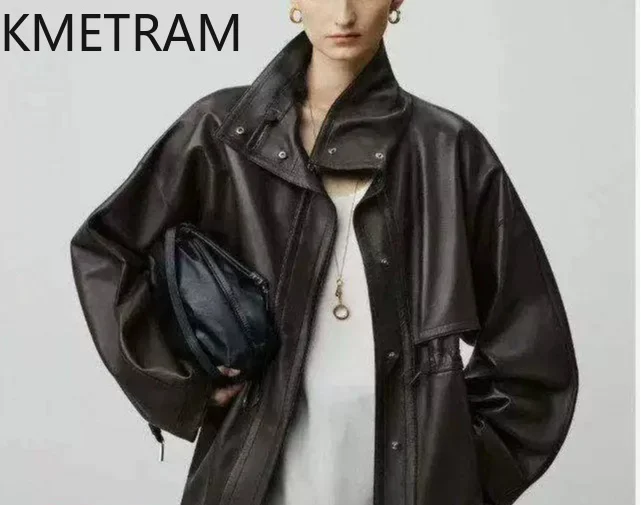 KMETRAM Ultra-thin Sheepskin Genuine Leather Jacket Woman Oversized Jackets of Woman Loose Leather Coat Closed Velvet Lining 자켓
