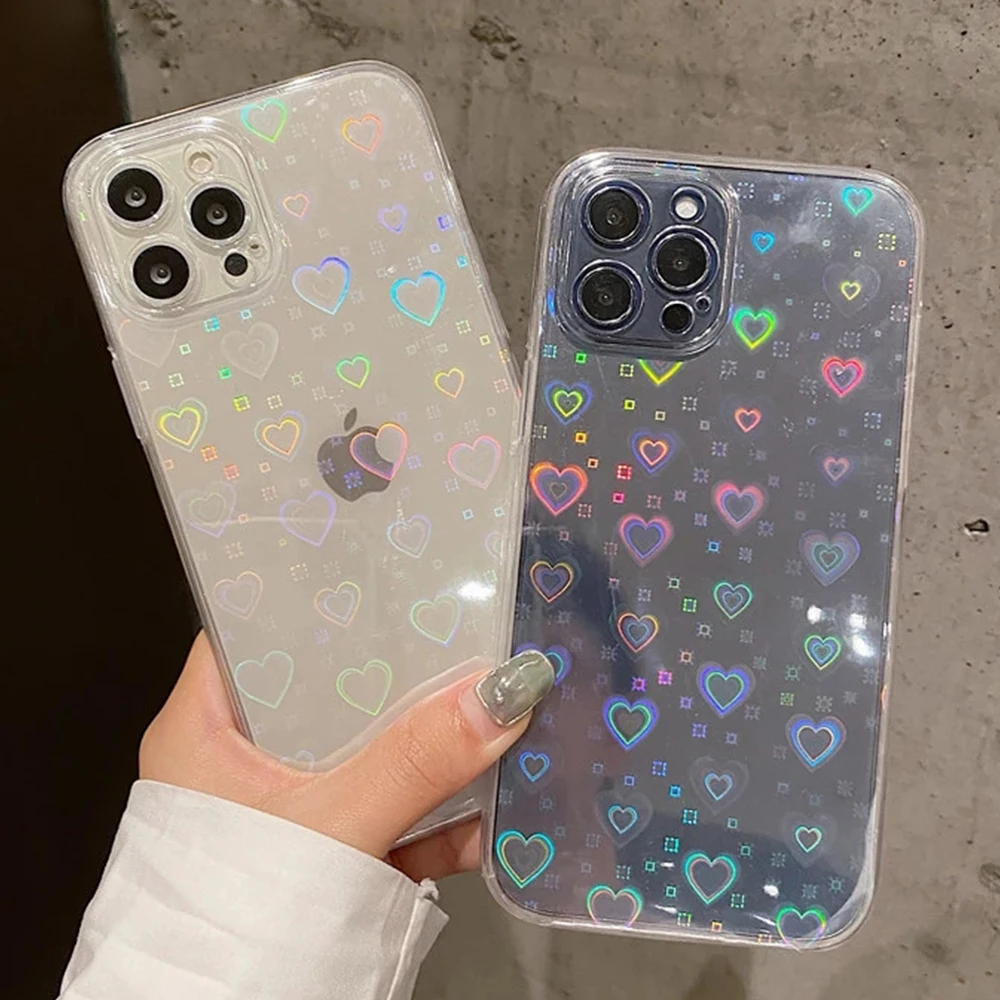 Transparent Case With Hearts For iPhone 15 14 13 12 11 Pro Max Mini XR 7 8 14 Plus XS SE Soft Colorful Laser Cover Flower Cases