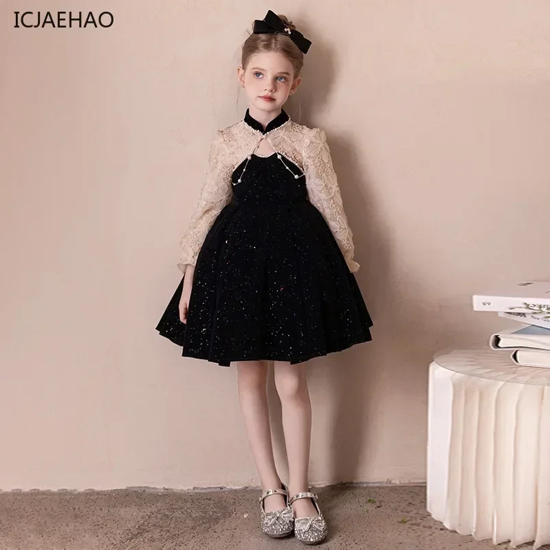 2025 Girls Dress Spring French Black Princess Dress Outer Wear Sweet Princess Dresses Kids Children Clothing Costume Vestidos