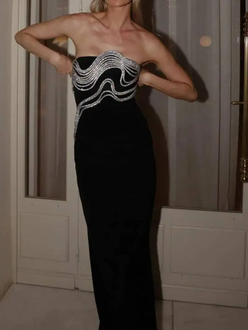 Women Sexy Strapless Diamond Lines Bodycon Bandage Long Dress Celebrity Red Carpet Elegant Evening Birthday Party Dresses WO27