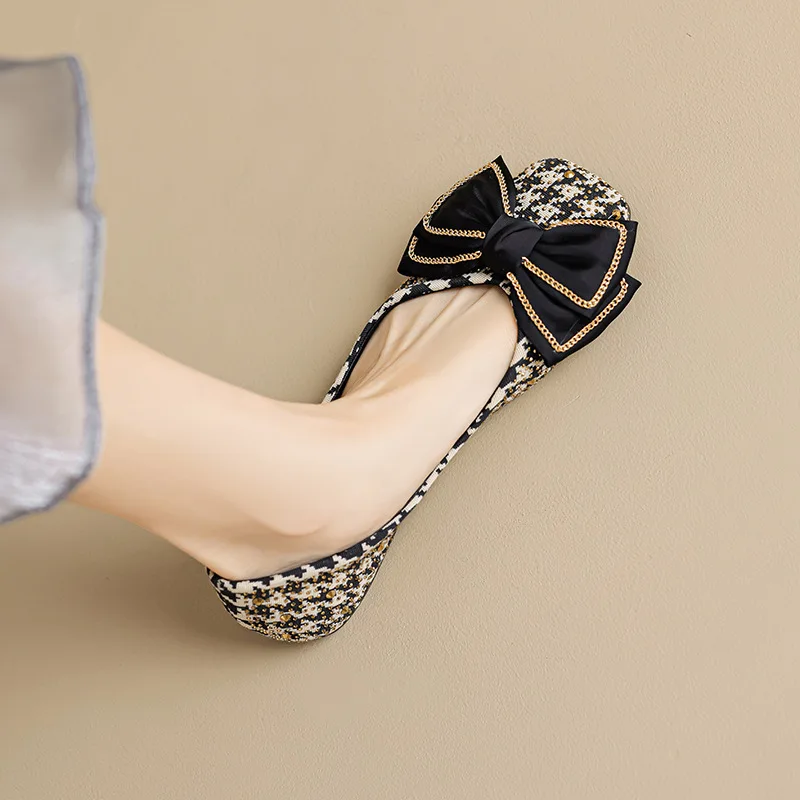 Size34-43 Spring and Summer New Square Head Bow Single Shoes, Shallow Mouth Fashion Soft Sole Large Size Flat Shoes