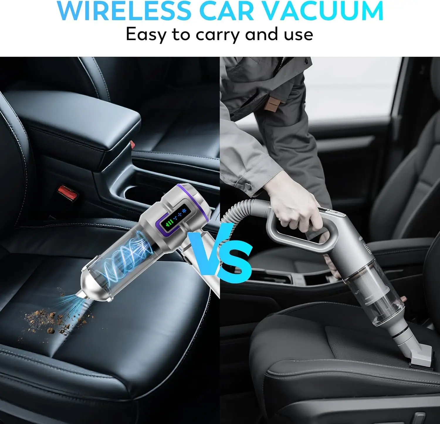 مكنسة كهربائية للسيارة 22000 باسكال، محمولة لاسلكية مع شاشة LED، للسيارة والمنزل والمكتب والتخييم (فضي أرجواني)