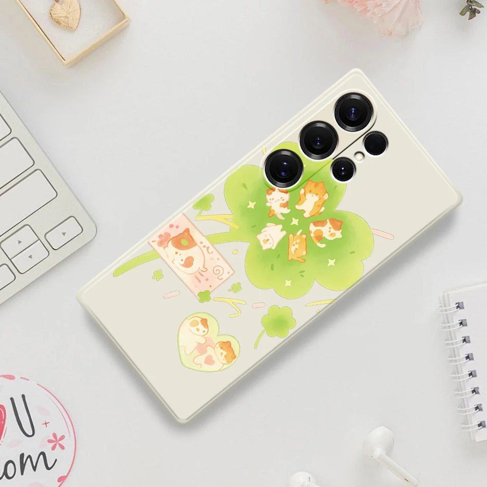 Чехол для телефона Cute Cat Four Leaf Clover для Samsung Galaxy S25 S24 S23 S22 S21 S20 Ultra Plus S10 Plus S24FE S23FE S22FE Soft Cover